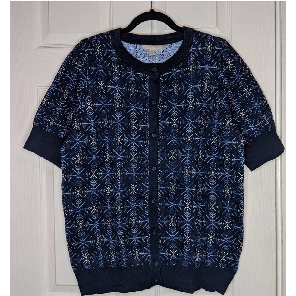 Woman Within Blue & Silver Snowflake Fair Isle Pattern Cardigan M 14/16